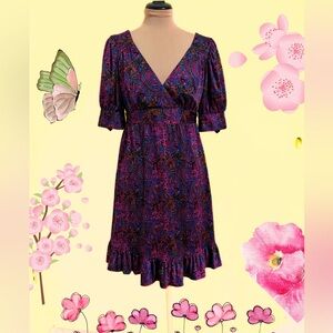 Betsey Johnson Purple & Pink Paisley V-Neck Ruffle Hem Dress - Vintage
